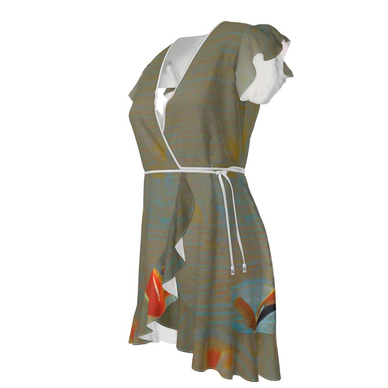 Mixed up - Green Flounce Hem & Armholes, Waist Tie, Wrap Design, Fashion Crepe Or Smooth Crepe Tea Dress