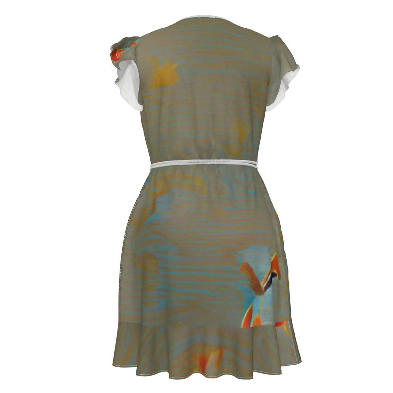 Mixed up - Green Flounce Hem & Armholes, Waist Tie, Wrap Design, Fashion Crepe Or Smooth Crepe Tea Dress