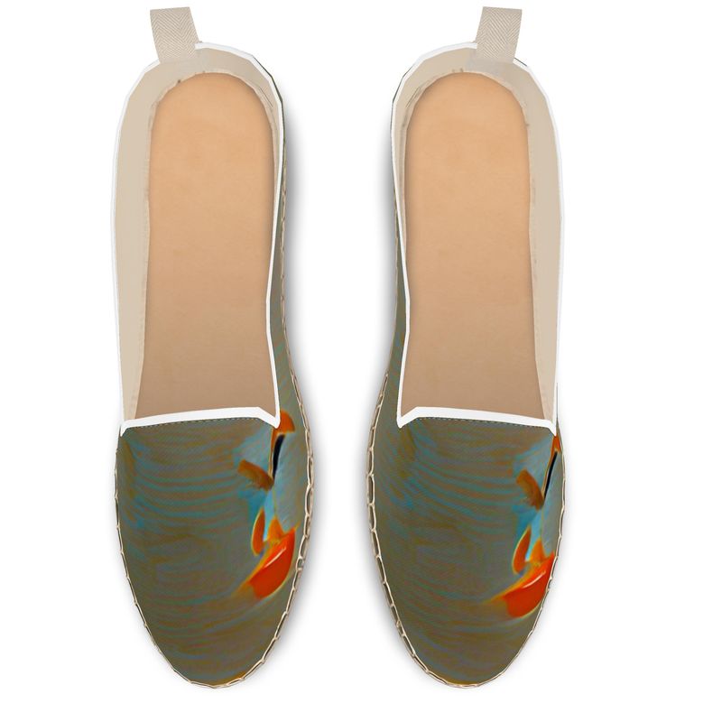 Mixed up - Green Leather, Printed Fabric Or Jute Innersole, Flat Shoe, Rubberised Hard Wearing Sole, Loafer Espadrilles