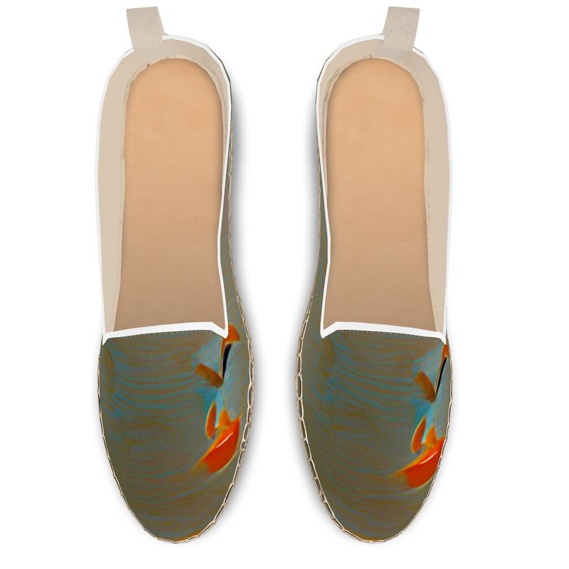 Mixed up - Green Leather, Printed Fabric Or Jute Innersole, Flat Shoe, Rubberised Hard Wearing Sole, Loafer Espadrilles