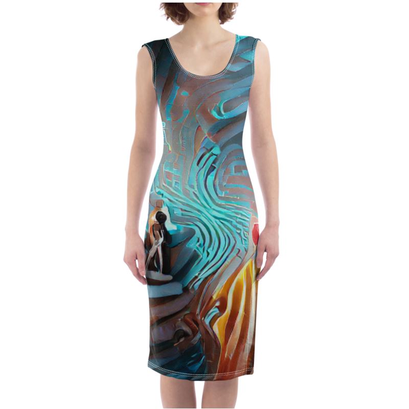 Attraction - Green & Brown Silky, Slim Fit Split Leg Bodycon Dress