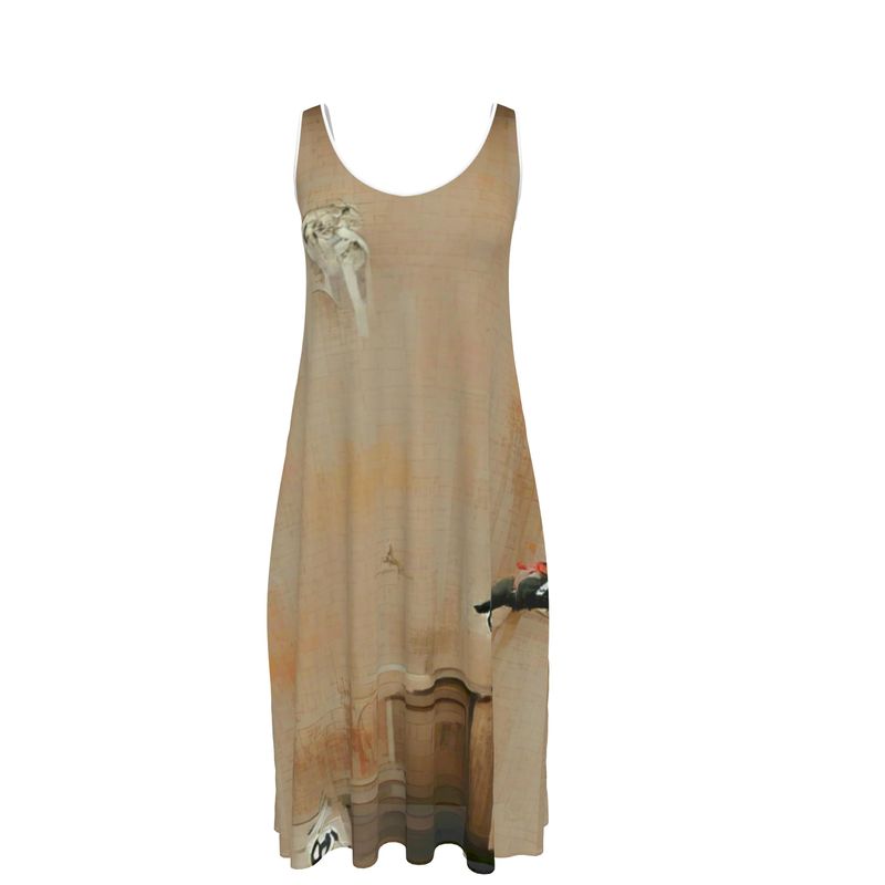 Panicked - Beige Sleeveless Cut, Relaxed Fit, Midi Length, Lowcut Back Sleeveless Midi Dress