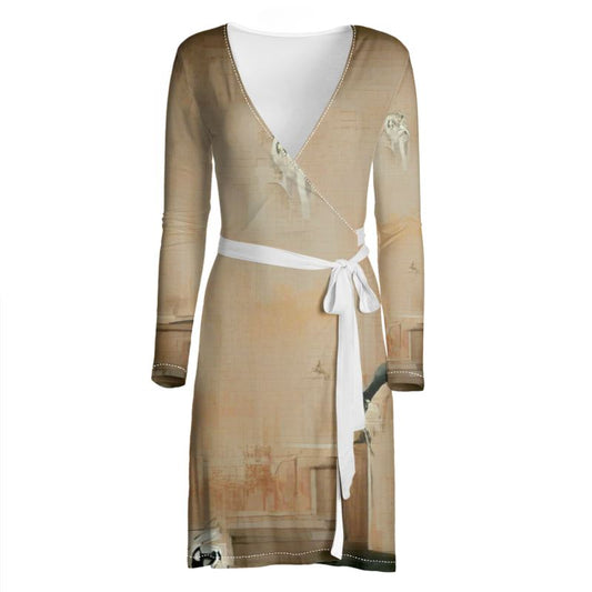 Panicked - Beige Above Knee Wraparound Dress, V-Neck Long Sleeves, Wrap Dress