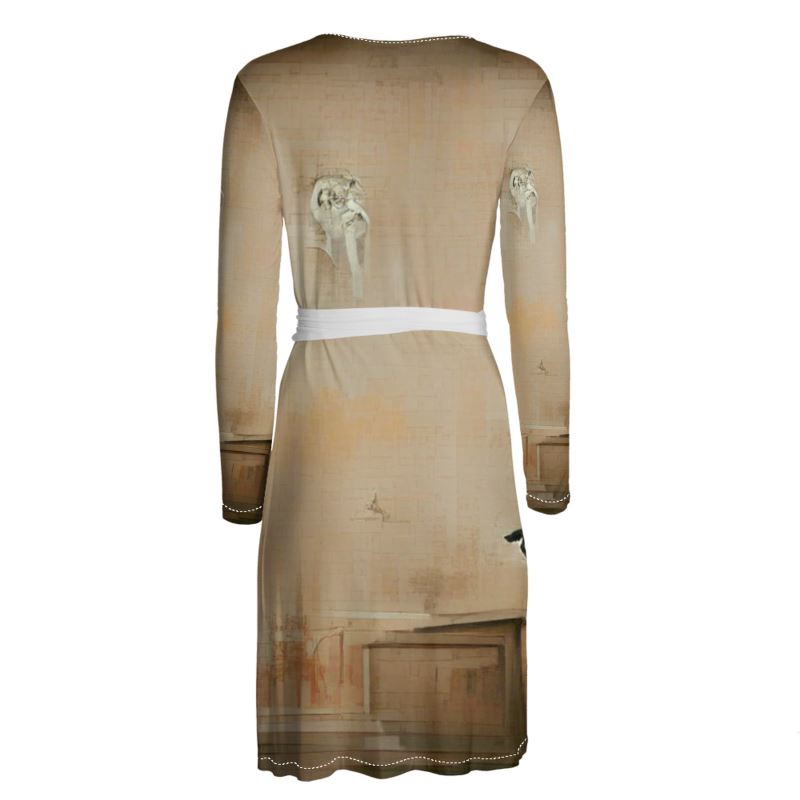 Panicked - Beige Above Knee Wraparound Dress, V-Neck Long Sleeves, Wrap Dress