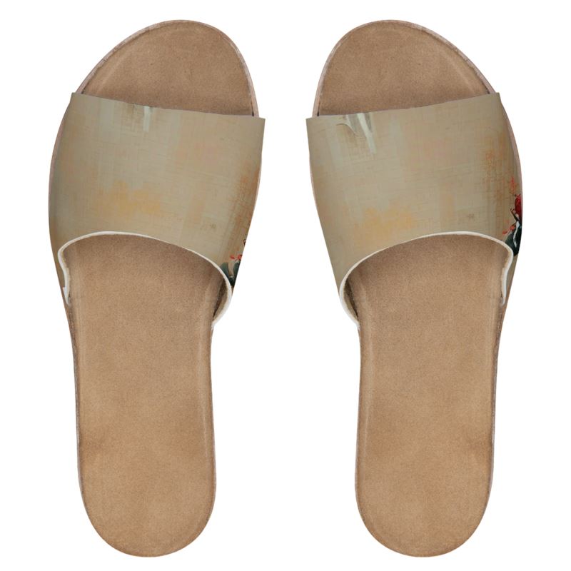 Panicked - Beige Leather Band, Cork & Rubber Sole, Leather Suedette Insole, Women's Leather Sliders