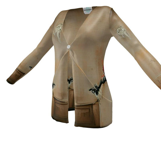 Panicked - Beige Drop Pockets & Waterfall Front V-Neck, Long Sleeves, Single Button, Jersey Knit Fabric, Ladies Cardigan With Pockets