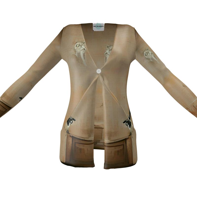 Panicked - Beige Drop Pockets & Waterfall Front V-Neck, Long Sleeves, Single Button, Jersey Knit Fabric, Ladies Cardigan With Pockets