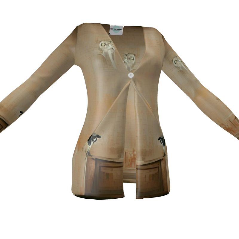 Panicked - Beige Drop Pockets & Waterfall Front V-Neck, Long Sleeves, Single Button, Jersey Knit Fabric, Ladies Cardigan With Pockets