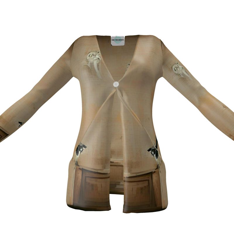 Panicked - Beige Drop Pockets & Waterfall Front V-Neck, Long Sleeves, Single Button, Jersey Knit Fabric, Ladies Cardigan With Pockets