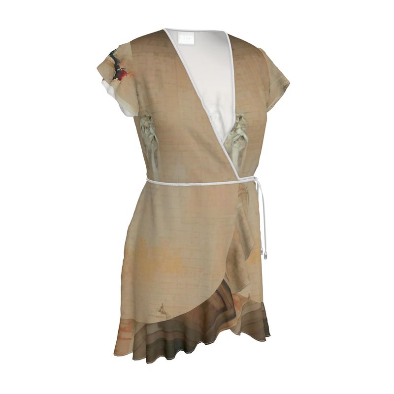 Panicked - Beige Flounce Hem & Armholes, Waist Tie, Wrap Design, Fashion Crepe Or Smooth Crepe Tea Dress