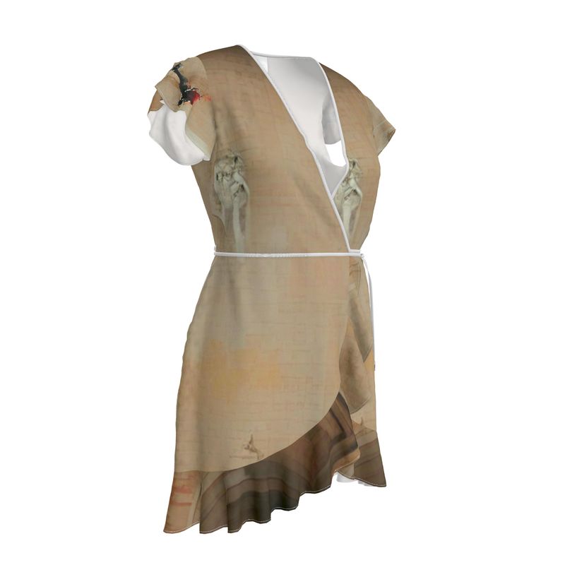 Panicked - Beige Flounce Hem & Armholes, Waist Tie, Wrap Design, Fashion Crepe Or Smooth Crepe Tea Dress