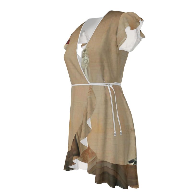 Panicked - Beige Flounce Hem & Armholes, Waist Tie, Wrap Design, Fashion Crepe Or Smooth Crepe Tea Dress