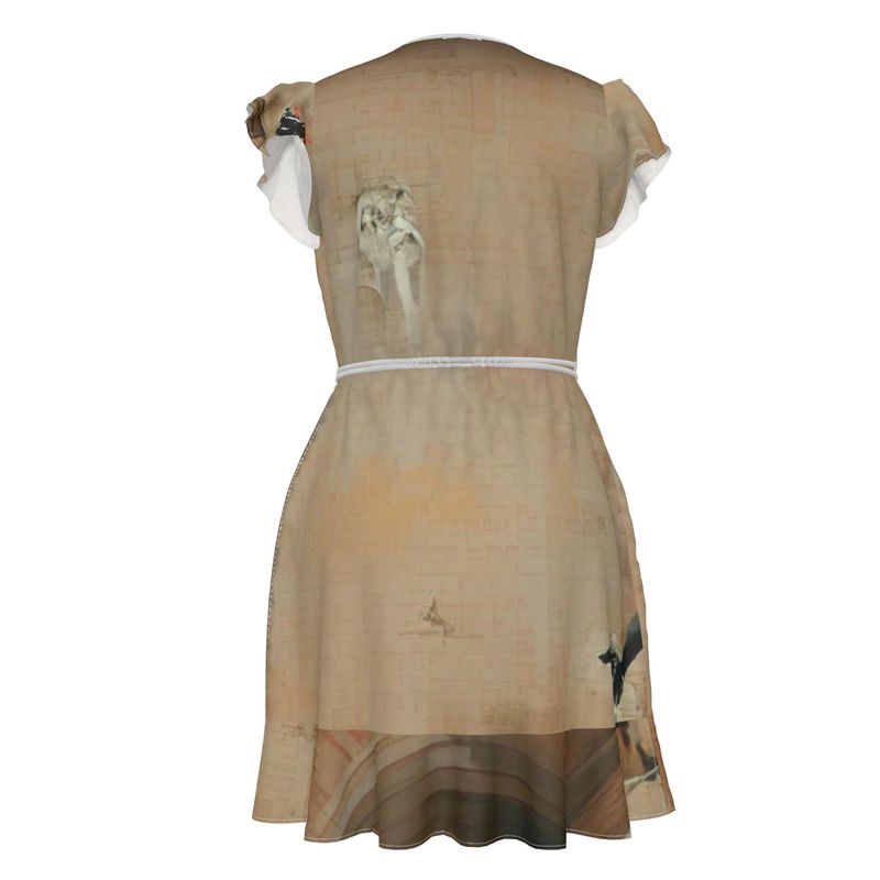 Panicked - Beige Flounce Hem & Armholes, Waist Tie, Wrap Design, Fashion Crepe Or Smooth Crepe Tea Dress