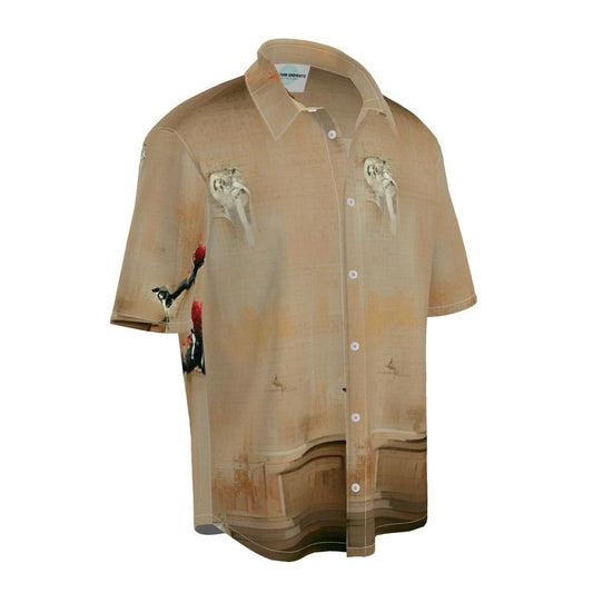 Panicked - Beige Short Sleeve Button Up, Mother Of Pearl Buttons, Breathable Fabric, Men's Short Sleeve Shirt