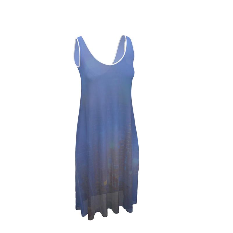 Foggy Painting of London - Dark Blue Sleeveless Cut, Relaxed Fit, Midi Length, Lowcut Back Sleeveless Midi Dress