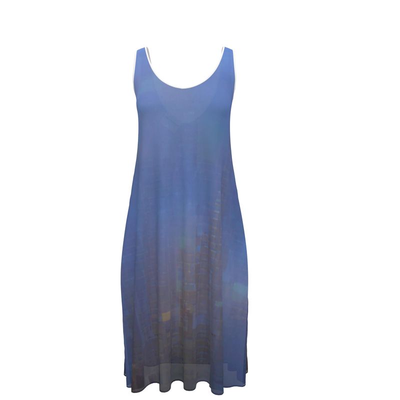 Foggy Painting of London - Dark Blue Sleeveless Cut, Relaxed Fit, Midi Length, Lowcut Back Sleeveless Midi Dress