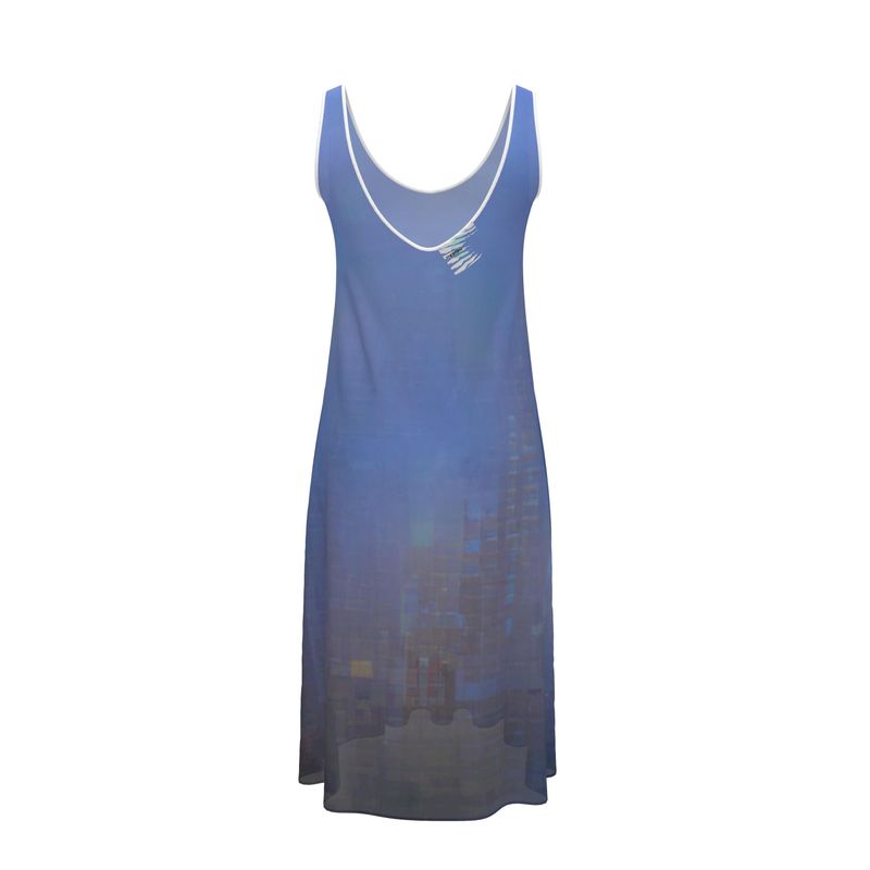 Foggy Painting of London - Dark Blue Sleeveless Cut, Relaxed Fit, Midi Length, Lowcut Back Sleeveless Midi Dress