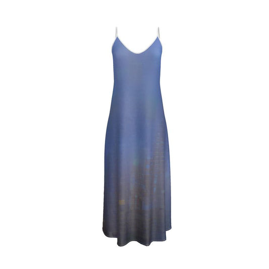 Foggy Painting of London - Dark Blue Tapered Waist, Flared Bottom Slip Dress