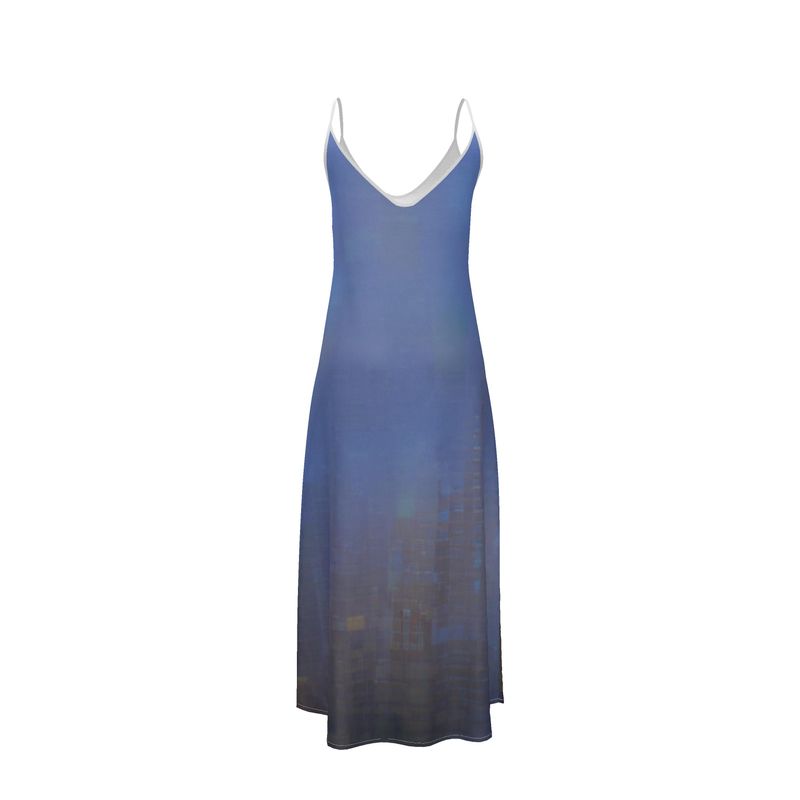 Foggy Painting of London - Dark Blue Tapered Waist, Flared Bottom Slip Dress