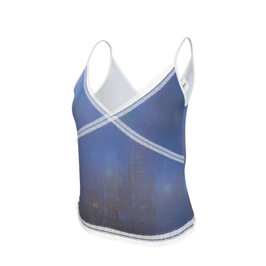 Foggy Painting of London - Dark Blue V-Neck Front And Back Eyelash Lace Trim Cami