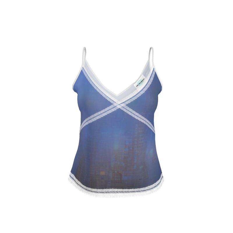 Foggy Painting of London - Dark Blue V-Neck Front And Back Eyelash Lace Trim Cami