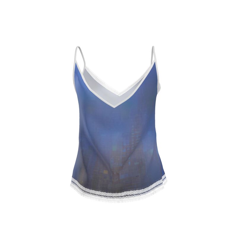 Foggy Painting of London - Dark Blue V-Neck Front And Back Eyelash Lace Trim Cami