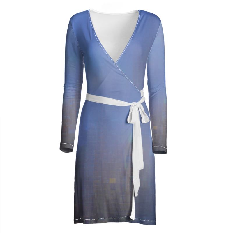 Foggy Painting of London - Dark Blue Above Knee Wraparound Dress, V-Neck Long Sleeves, Wrap Dress