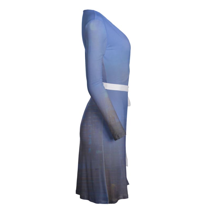 Foggy Painting of London - Dark Blue Above Knee Wraparound Dress, V-Neck Long Sleeves, Wrap Dress