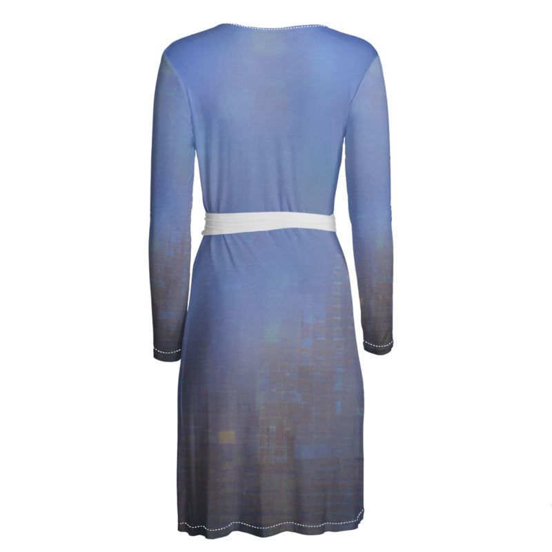 Foggy Painting of London - Dark Blue Above Knee Wraparound Dress, V-Neck Long Sleeves, Wrap Dress