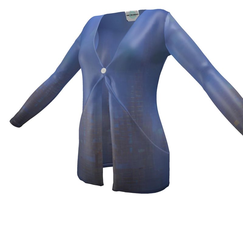 Foggy Painting of London - Dark Blue Drop Pockets & Waterfall Front V-Neck, Long Sleeves, Single Button, Jersey Knit Fabric, Ladies Cardigan With Pockets