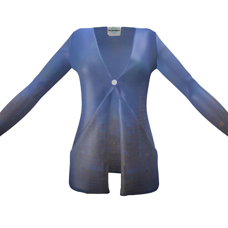 Foggy Painting of London - Dark Blue Drop Pockets & Waterfall Front V-Neck, Long Sleeves, Single Button, Jersey Knit Fabric, Ladies Cardigan With Pockets