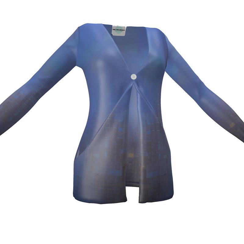 Foggy Painting of London - Dark Blue Drop Pockets & Waterfall Front V-Neck, Long Sleeves, Single Button, Jersey Knit Fabric, Ladies Cardigan With Pockets