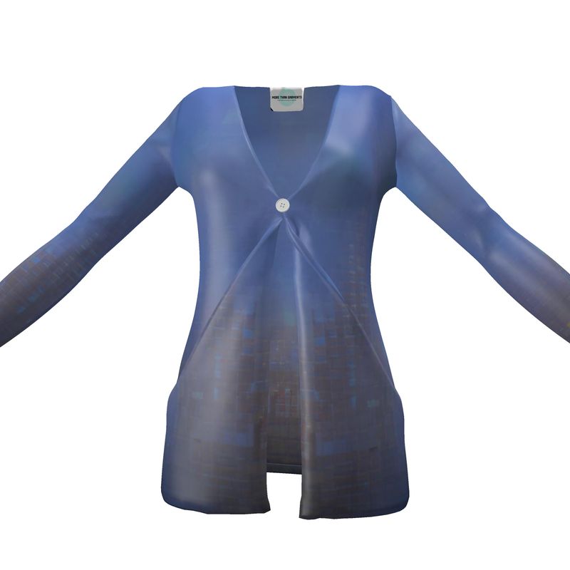 Foggy Painting of London - Dark Blue Drop Pockets & Waterfall Front V-Neck, Long Sleeves, Single Button, Jersey Knit Fabric, Ladies Cardigan With Pockets