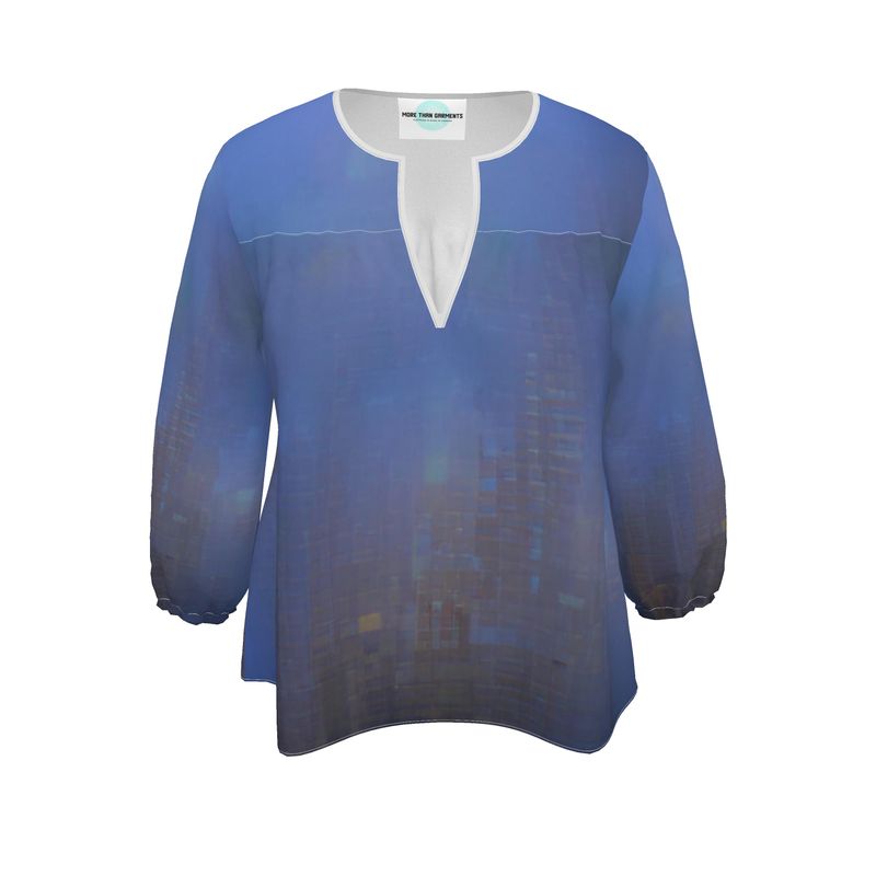 Foggy Painting of London - Dark Blue Rounded Slot Neckline, 3/4 Length Elasticated Sleeves Women's Blouse