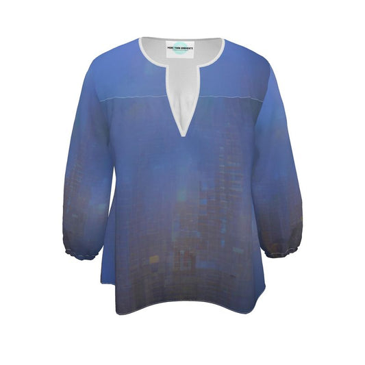 Foggy Painting of London - Dark Blue Rounded Slot Neckline, 3/4 Length Elasticated Sleeves Women's Blouse