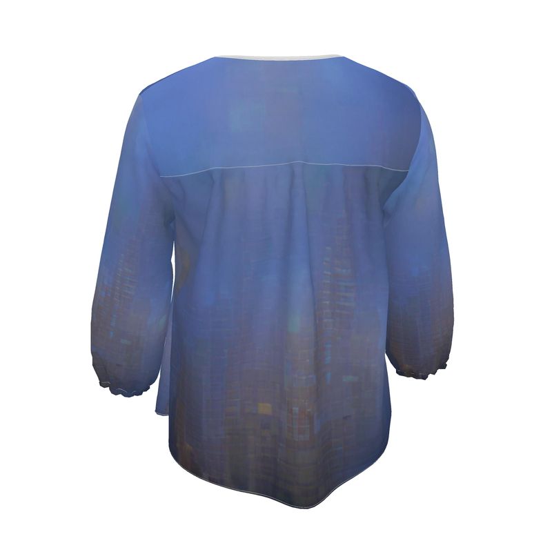 Foggy Painting of London - Dark Blue Rounded Slot Neckline, 3/4 Length Elasticated Sleeves Women's Blouse