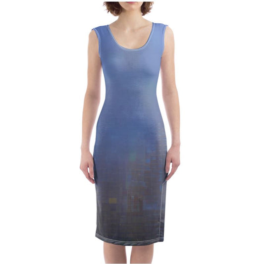 Foggy Painting of London - Dark Blue Silky, Slim Fit Split Leg Bodycon Dress