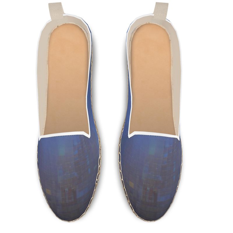 Foggy Painting of London - Dark Blue  Fabric Or Jute Innersole, Flat Shoe, Rubberised Hard Wearing Sole, Loafer Espadrilles