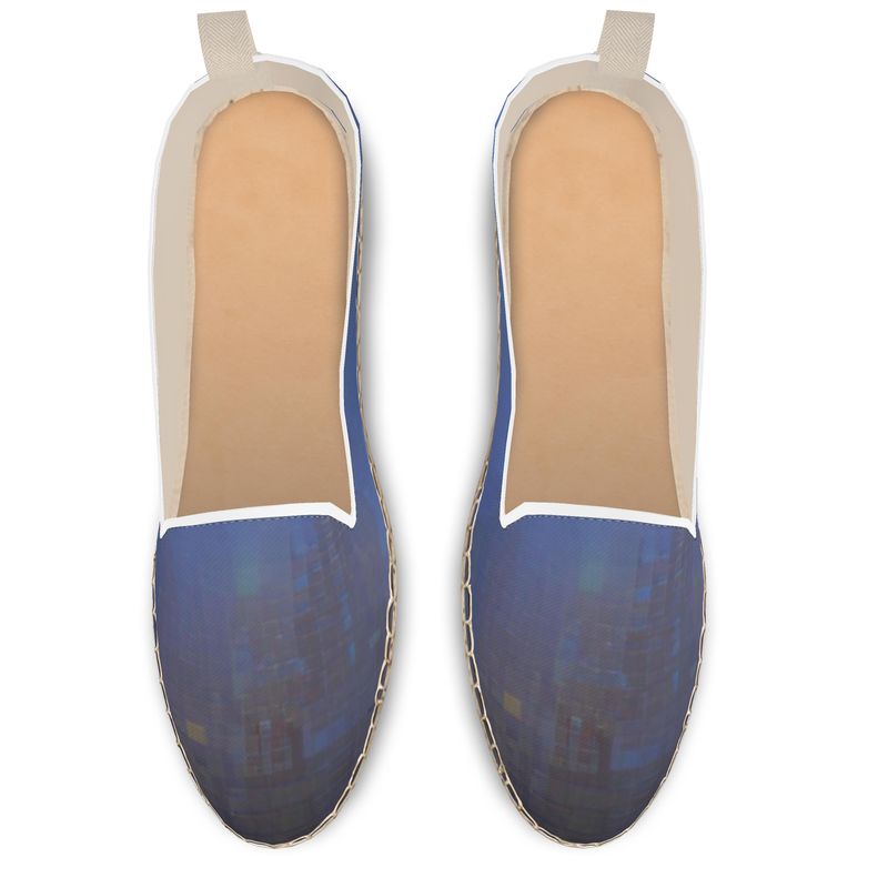 Foggy Painting of London - Dark Blue  Fabric Or Jute Innersole, Flat Shoe, Rubberised Hard Wearing Sole, Loafer Espadrilles