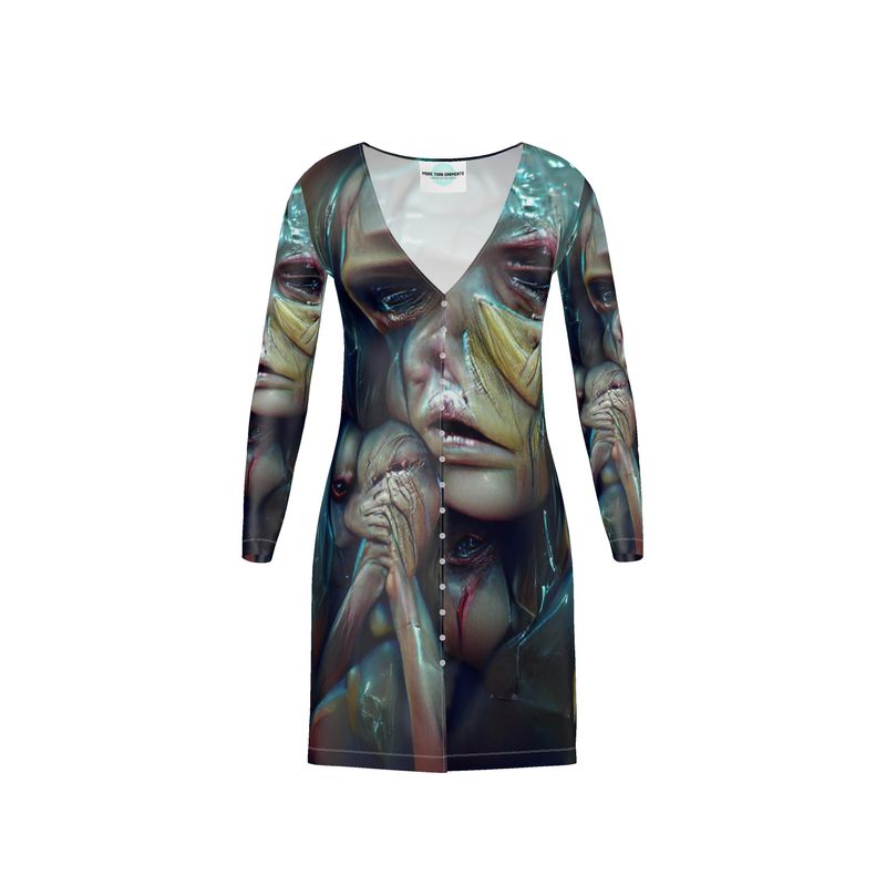 Vulnerable - Graphic Blue & Black V-Neck, Button Through Top To Bottom Ladies Cardigan