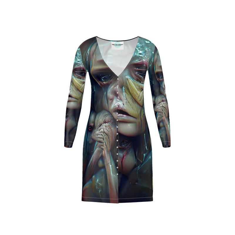 Vulnerable - Graphic Blue & Black V-Neck, Button Through Top To Bottom Ladies Cardigan