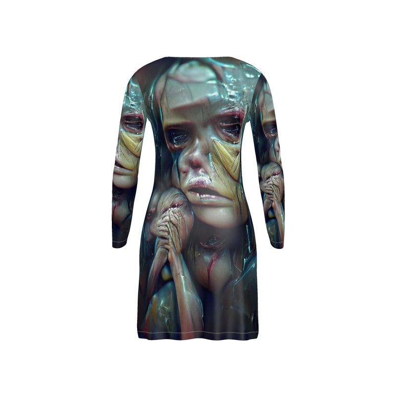 Vulnerable - Graphic Blue & Black V-Neck, Button Through Top To Bottom Ladies Cardigan