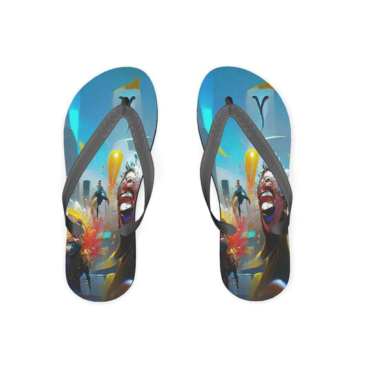 Exuberant - Vibrant Blue, Orange & Red Plastic Straps, Covered With Poly-Satin, Sturdy Foam Base Flip Flops