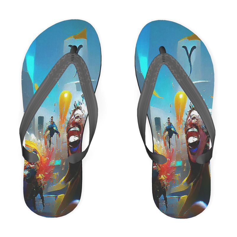 Exuberant - Vibrant Blue, Orange & Red Plastic Straps, Covered With Poly-Satin, Sturdy Foam Base Flip Flops