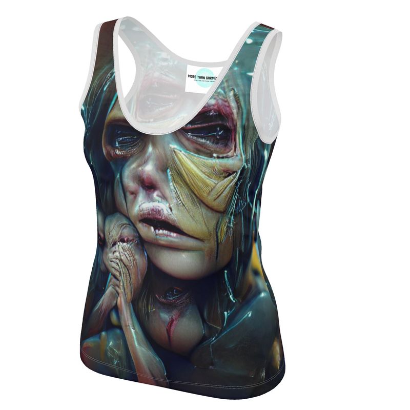 Vulnerable - Graphic Blue & Black Scoop Neck, Higher At The Back Ladies Vest Top