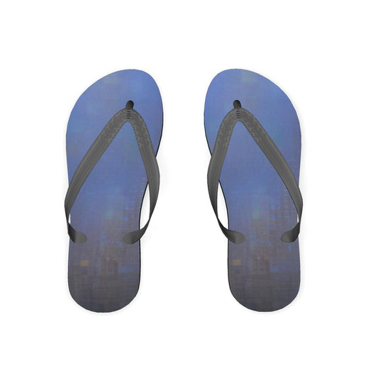 Foggy Painting of London - Dark Blue Plastic Straps, Covered With Poly-Satin, Sturdy Foam Base Flip Flops