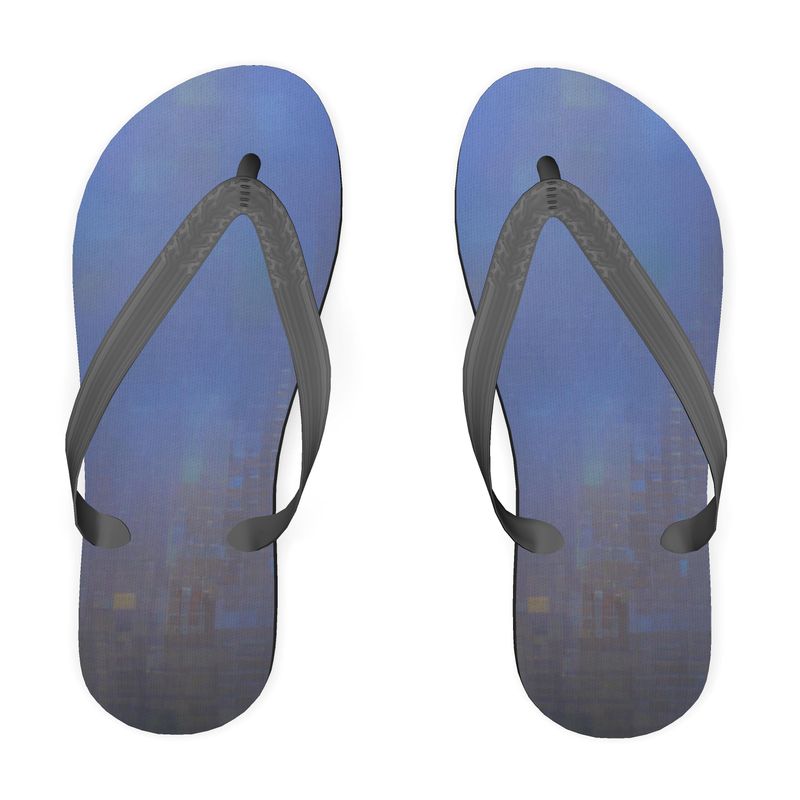 Foggy Painting of London - Dark Blue Plastic Straps, Covered With Poly-Satin, Sturdy Foam Base Flip Flops