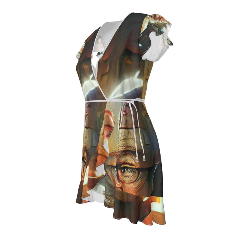 Enlightened - Yellow, Brown & White Flounce Hem & Armholes, Waist Tie, Wrap Design, Fashion Crepe Or Smooth Crepe Tea Dress