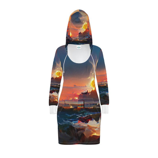 Sunset - Purple, Blue & Orange Kangaroo Front Pocket, Mini Dress With Long Sleeves, Hooded Dress With Drawstring, Rox Sports Or Ponte Jersey Hoodie Dress