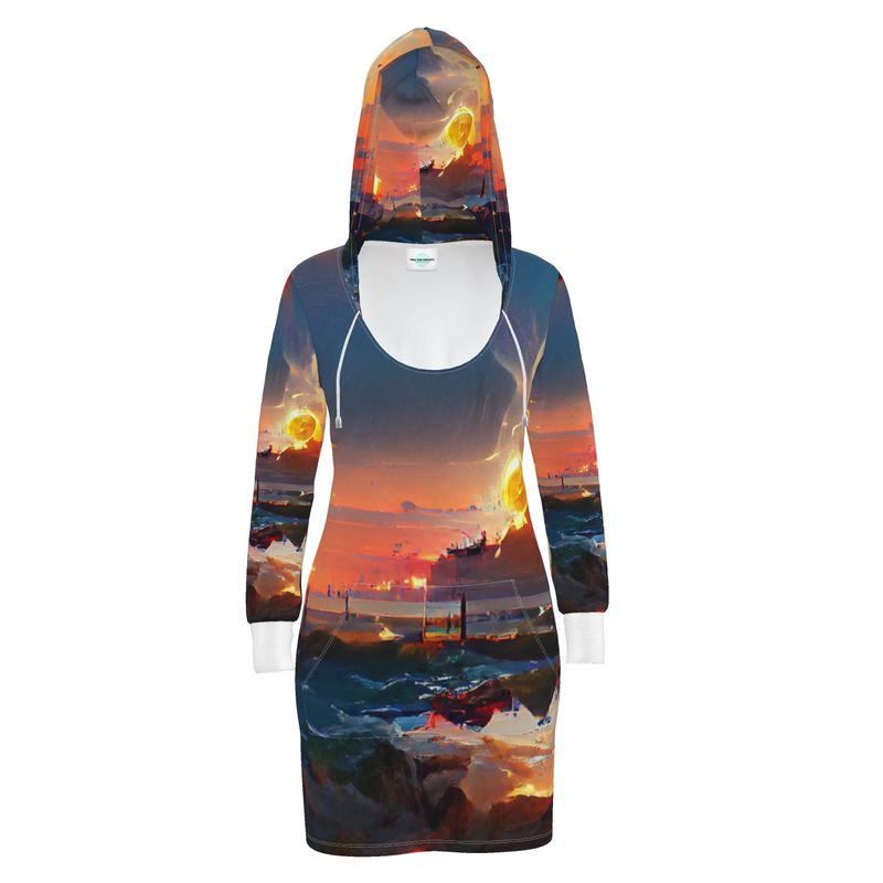 Sunset - Purple, Blue & Orange Kangaroo Front Pocket, Mini Dress With Long Sleeves, Hooded Dress With Drawstring, Rox Sports Or Ponte Jersey Hoodie Dress